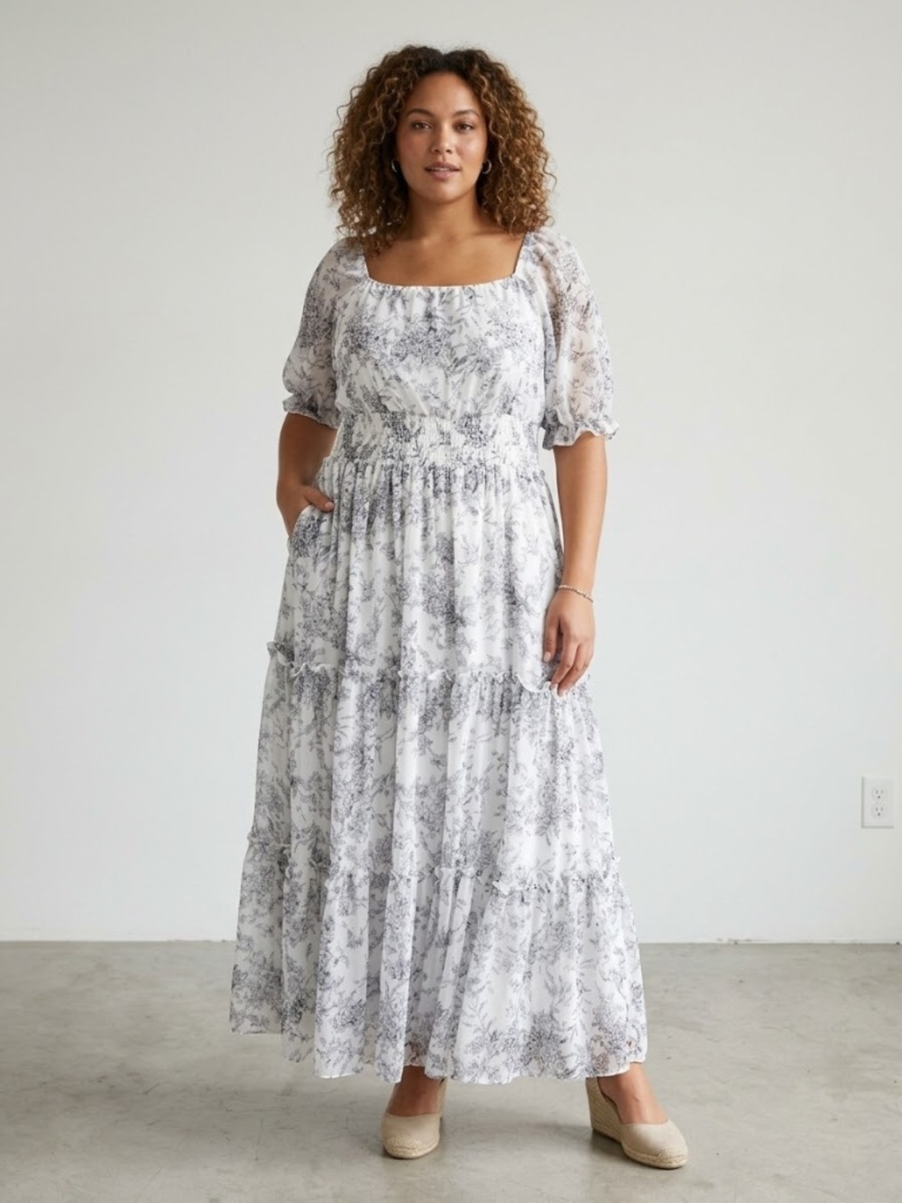 Baltic Born White XXXL Maxi Dress with Gray Floral Print